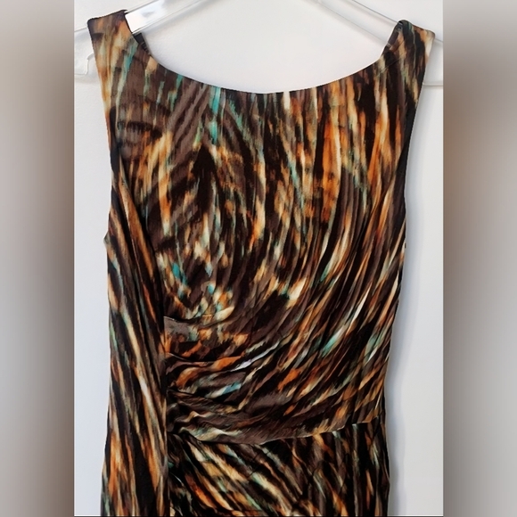 Escada Sleeveless Brown Green Orange Tropical Patterned Dress With Side Ruching - Picture 2 of 8